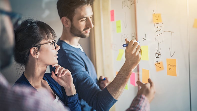 A team white-boarding flow charts