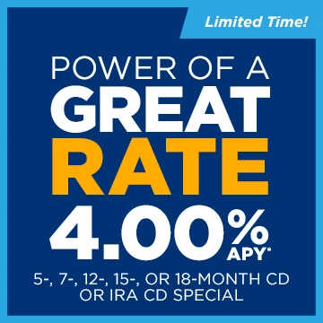 Salem Five promotional graphic advertising a 4.00% APY CD or IRA CD special for 5-, 7- or 12-, 15- or 18-month terms.