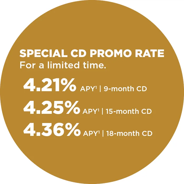 Special CD promo rates: 4.21% APY for 9 months, 4.25% APY for 15 months, and 4.36% APY for 18 months. Limited time.